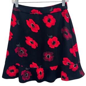 Kate Spade Red Black Poppy Print Ruffle Flounce Hem Crepe Mini Skirt Sz 0 Preppy